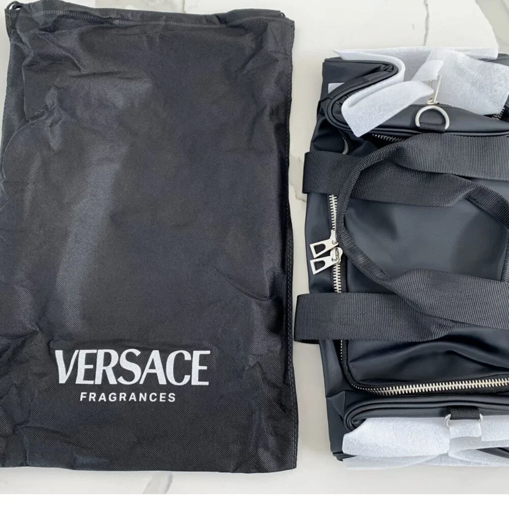 Versace Fragrances Black Duffle with Silver Tone Zipper Travel Overnight Bag New